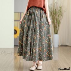 Olivia Mark - Bohemian Floral Print A-Line Skirt with Elastic Waistband in Loose-Fit Cotton Linen Fabric Bohemian Cotton Maxi Skirt For Fall, Green Non-stretch Maxi Skirt, Casual Green Full-length Maxi Skirt, Bohemian Ankle-length Lined Skirt, Casual Green Maxi Skirt, Green Cotton Casual Maxi Skirt, Green Non-stretch Skirt With Elastic Waistband, Green Cotton Maxi Skirt, Green Floral Print Skirt For Fall