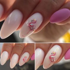 Flamingo On Nails, White Pink Nails Design, Beach Nail Ideas Summer, Flamingo Nails Designs, Pink Flamingo Nails, Nails Flamingo, Flamingo Nail Art, Animation Nails, Peach Nail Art