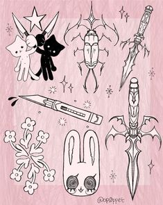 an ink drawing of different items on a pink background