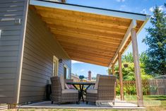 a covered patio with two chairs and a table