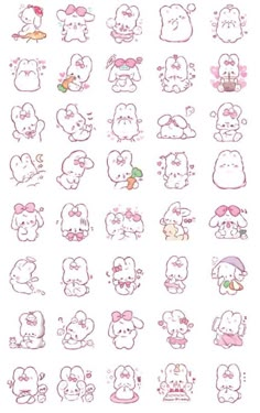 an assortment of cartoon stickers on a white background, with pink and red designs