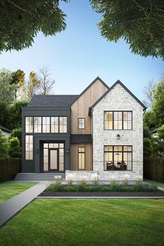 this is an artist's rendering of the front elevation of a modern, two - story home