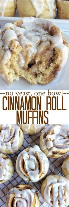 cinnamon roll muffins on a cooling rack with the words, no yeast one bowl cinnamon roll muffins