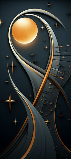 an abstract design with gold and silver lines on a dark blue background that has stars in the sky