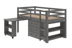 bunk bed with desk and drawers in grey finish, viewed from the front view on an isolated white background