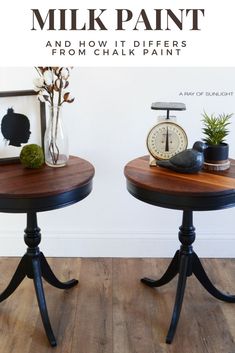 two small tables with plants on them in front of a white wall and the words milk paint and how it different from chalk paint