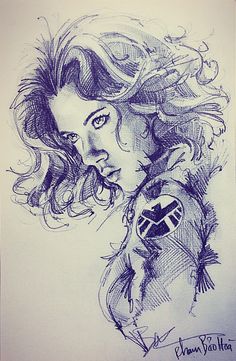 a pencil drawing of a woman's face with long hair and an army uniform