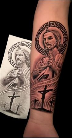 a tattoo on the arm of a man with jesus and crosses in it, next to another