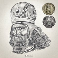 a drawing of a man with a beard wearing a helmet and two coins in the background