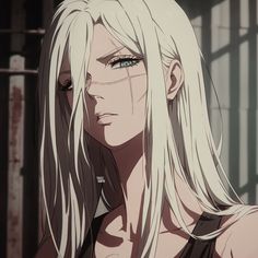 an anime character with long white hair and blue eyes looking at something in the distance