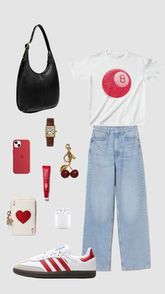 a woman's outfit and accessories are arranged in the shape of a t - shirt