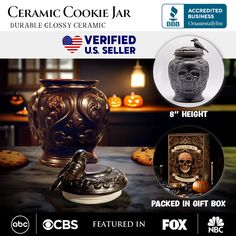 an ad for ceramic cookie jar with the image of a skull on it and other items