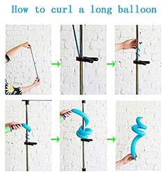 the instructions for how to curl a long balloon on a pole with one hand and two other hands