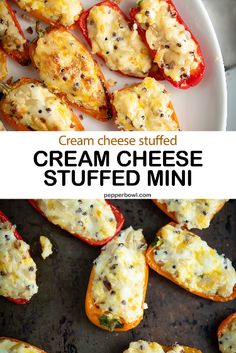 cream cheese stuffed mini peppers on a baking sheet with the title text overlay above it