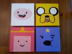 four square paintings with different faces on them, each painted in different colors and shapes