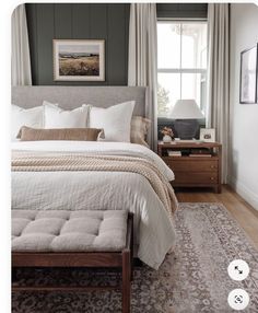 Midtone Bedroom, Guest Bedroom Green Walls, Beige Bedroom Blue Accents, Master Queen Bedroom Ideas, Apartment King Bedroom Decor, Guest Room With Metal Bed, King Bed In Front Of Two Windows, Curtains Next To Bed, Bedroom Ideas Southern