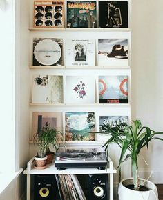 a record player sitting on top of a white shelf next to a potted plant