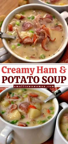 two bowls of creamy ham and potato soup on a wooden table with text overlay