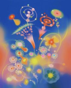 an abstract painting with flowers and swirls