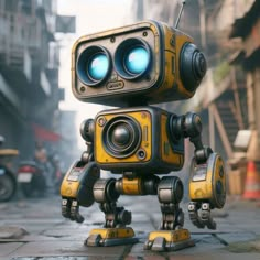 a yellow and black robot standing on top of a street