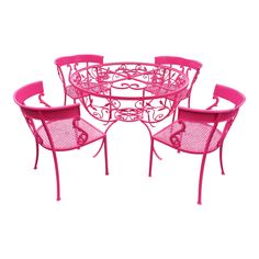 pink wrought iron patio furniture set with four chairs and one coffee table on an isolated white background