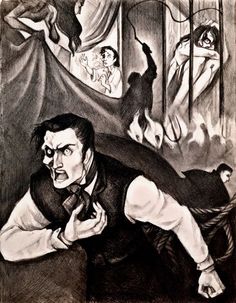 a black and white drawing of a man laying on the ground in front of a mirror