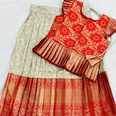 Pure Silk Skirt With Blouse! Baby Silk Skirts, Pattu Pavadai Design, Kids Lehanga Blouses Designs, Kids Pattupavada Blouse Designs, Pattu Langa Designs For Kids, Kids Skirt And Top Designs, Kids Skirt Top Designs, Baby Blouse Designs, Skirt And Blouse For Kids