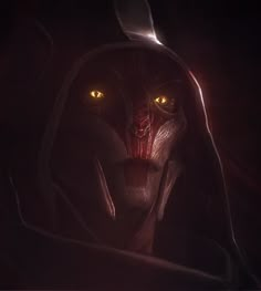 a demonic looking creature with yellow eyes in the dark, staring at the camera while wearing a hood