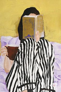 a painting of a person laying in bed with a book on their head while reading