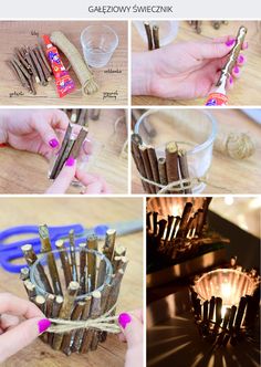 several pictures showing how to make a candle holder out of wood sticks and other items