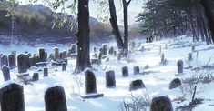 a painting of a snow covered cemetery with trees and headstones in the foreground