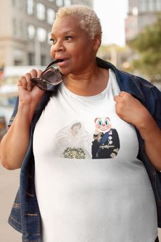 a woman wearing a t - shirt with an image on it