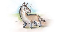 a drawing of a horse with spikes on it's head and tail, standing in the grass