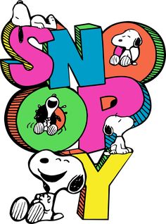 an advertisement for the peanuts movie snoop and his friends are depicted in colorful letters on a black background