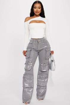 Time To Shine Foil Baggy Cargo Jeans - Silver | Fashion Nova Stacked Cargo Pants Women, Stacked Leather Pants With Dunks, Cargo Boyfriend Jeans, Baggy Cargo Jeans, Sneak Attack, Metallic Jeans, Fasion Outfits, Fashion Nova Outfits, Denim Pants Women