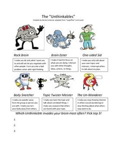 Intro to Unthinkables handout: A worksheet that describes each Unthinkable character from the "Superflex" curriculum and then asks reflective questions that require critical thinking. Great for use in social groups with school-aged children as homework or as a classroom activity. From Speech Haven Social Skills Curriculum, Reflective Questions, Behavior Interventions, Social Skills Activities