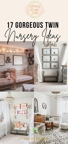 two baby cribs with the words gorgeous twin nursery ideas on top and bottom