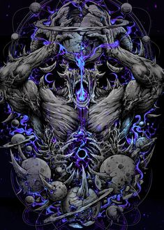 an image of a demonic demon surrounded by skulls and other things in the dark blue light