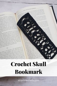 an open book with the title crochet skull bookmark