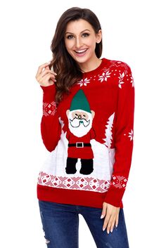 a woman wearing an ugly santa clause sweater