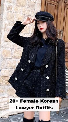 Chic and professional female Korean lawyer outfits that blend style and confidence. Discover the perfect looks for a powerful impression. Crisp White Blouse, Corporate Chic, Black Tweed