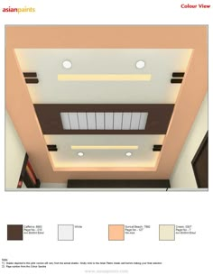 an overhead view of a room with white and brown walls, ceiling lights, and various color swatches