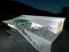 an architectural rendering of a building with people walking up and down the stairs at night