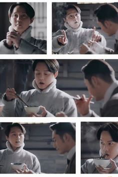 multiple shots of a man eating food with chopsticks in his hand and pointing to the side