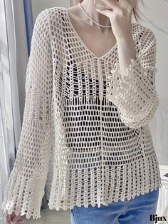 Bjux - Womens Elegant V-Neck Long Sleeve Hollow Out Crochet Cover-up: A Stylish and Comfortable Addition to Your Wardrobe Stretch V-neck Crochet Top For Summer, Spring Crochet V-neck Top, Spring V-neck Crochet Top With Open Knit, Stretch V-neck Crochet Top With Open Knit, Stretch Open Knit Crochet V-neck Top, V-neck Crochet Tops For Spring, White Crochet V-neck Top, V-neck Crochet Top For Beach In Fall, Crochet Cover