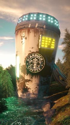 an old water tower with a clock on it's side in the middle of a forest