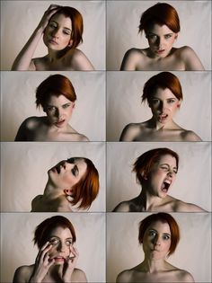 many different pictures of a woman making funny faces with her mouth open and hands on her face