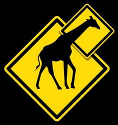 a giraffe crossing sign is shown on a black and yellow background with an arrow pointing to the left