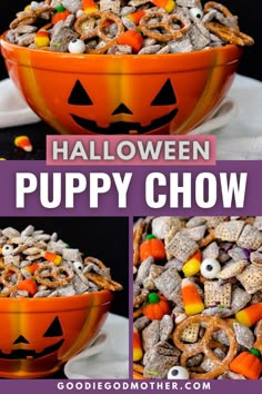 halloween puppy chow recipe with pumpkins and pretzels in the bowl on top