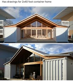 two pictures of a house made out of shipping containers